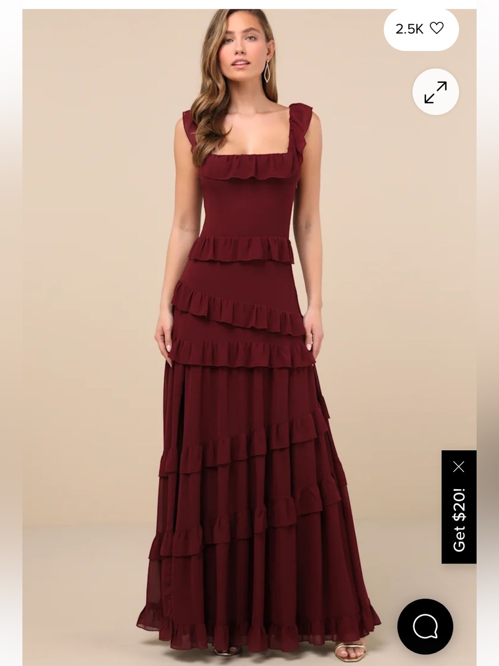 Lulu’s Compelling Romantic Burgundy Ruffled Tiered Maxi Dress
